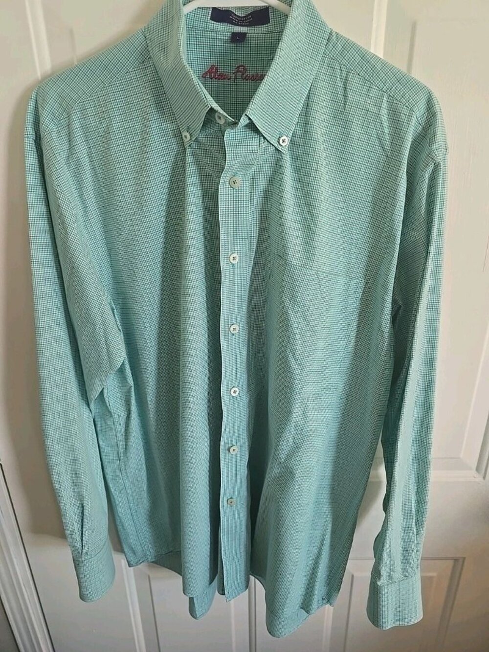 Alan Flusser Men’s Button Down Shirt L Green Teal Plaid Check Long Sleeve Cotton